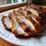 Close-up of several thick slices of juicy slow cooker turkey breast, coated in a savory herb and spice rub.