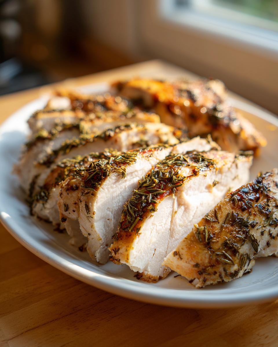 Slices of juicy slow cooker turkey breast seasoned heavily with rosemary and herbs, served on a white platter.