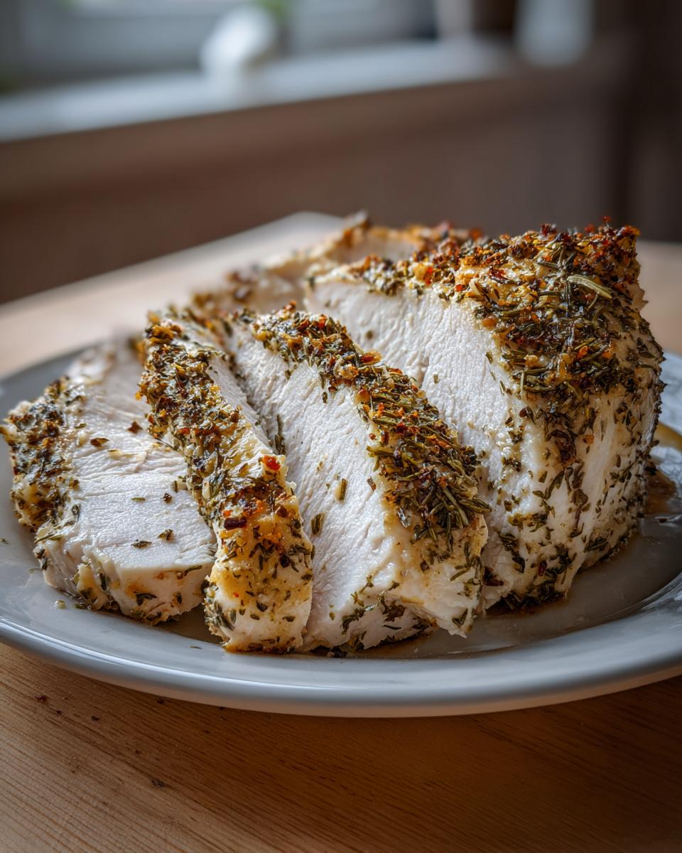 Thick slices of juicy slow cooker turkey breast coated in savory herbs and spices, resting on a white plate.