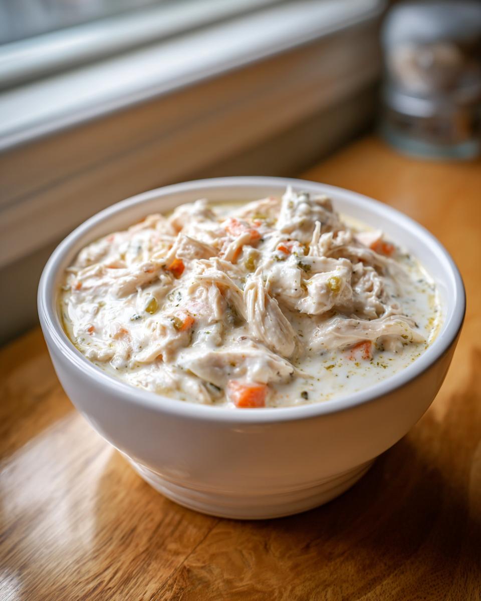 A close-up of a white bowl filled with creamy keto white chicken chili, featuring shredded chicken and diced vegetables.