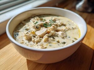 A close-up of a hearty bowl of keto white chicken chili, featuring shredded chicken in a creamy green chili sauce, garnished with herbs.