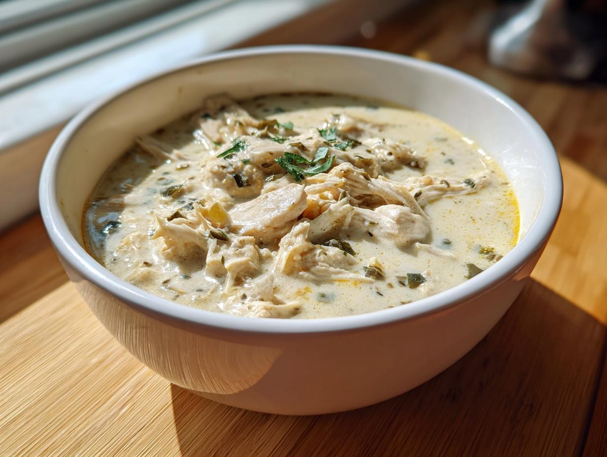 A close-up of a hearty bowl of keto white chicken chili, featuring shredded chicken in a creamy green chili sauce, garnished with herbs.