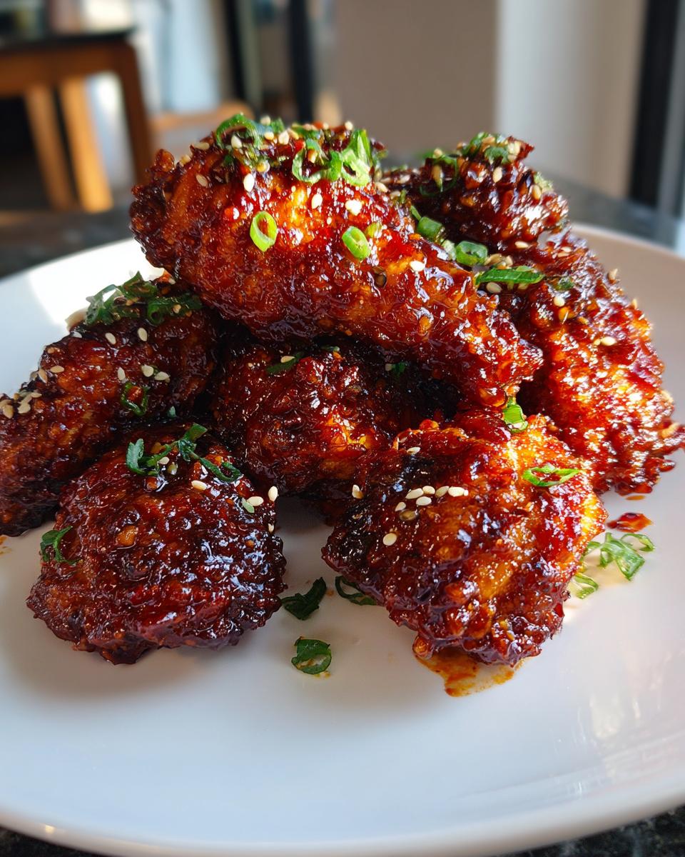 Close-up of sticky, glazed Korean fried chicken pieces topped with sesame seeds and green onions.