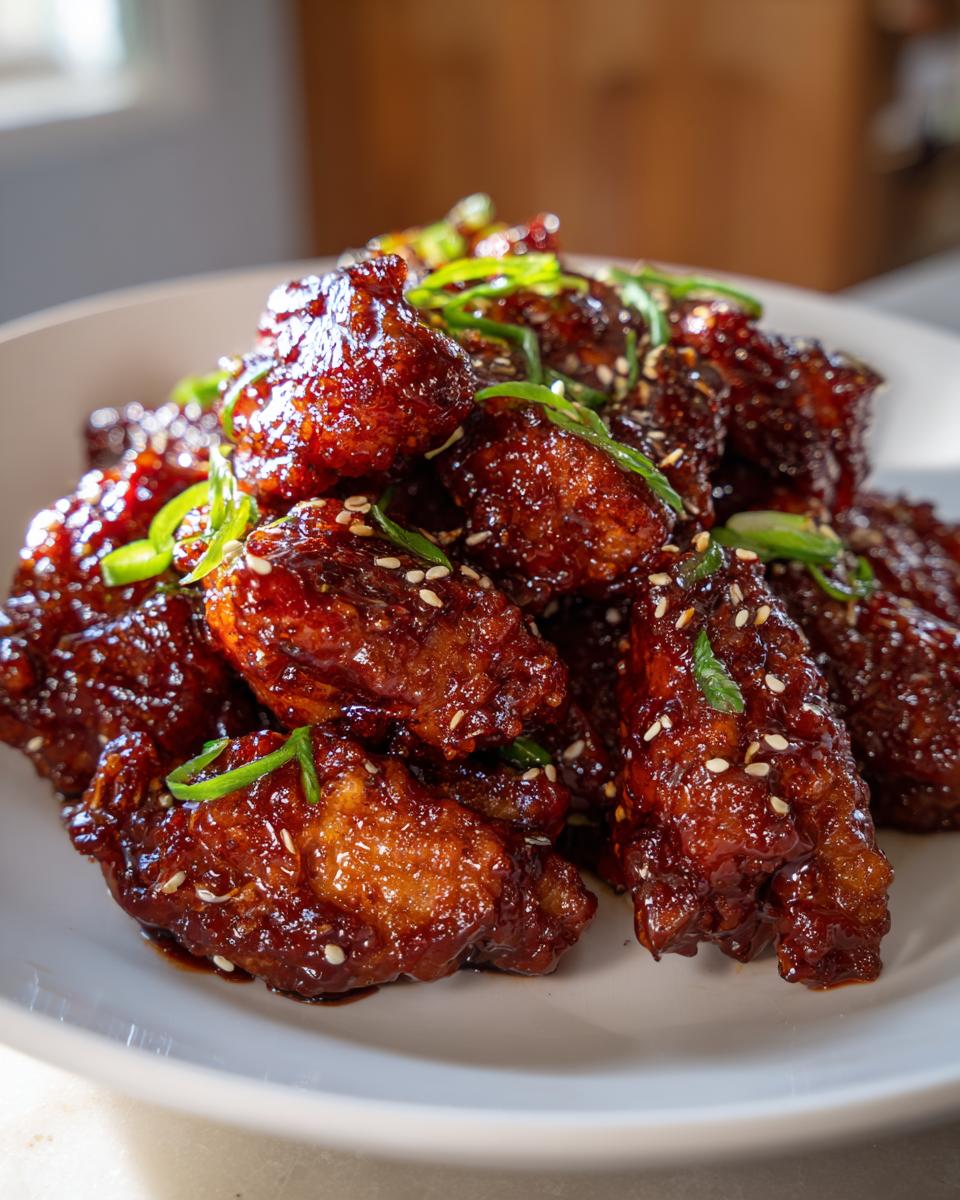 A close-up of sticky, glazed Korean fried chicken wings topped with sesame seeds and green onions.