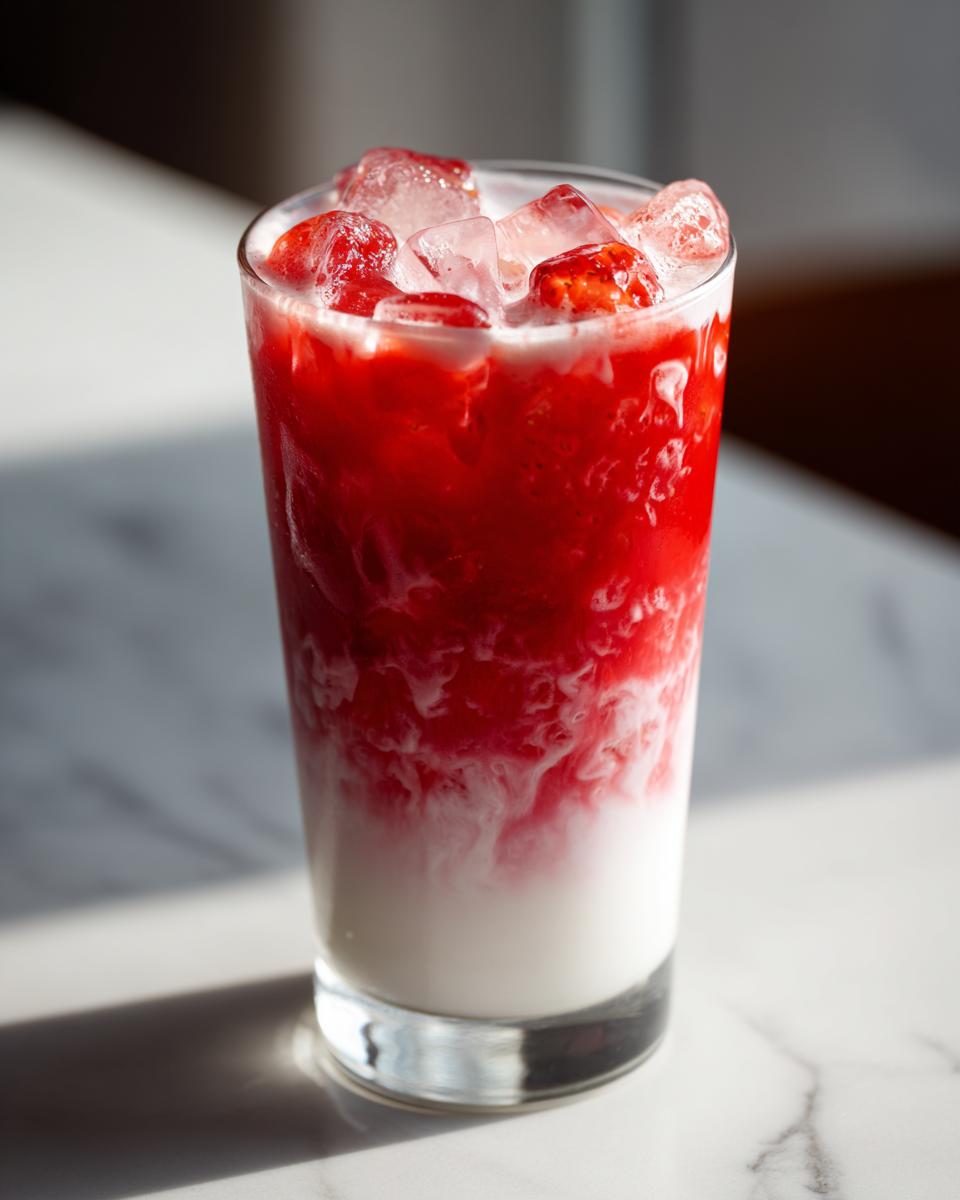 Close-up of a tall glass layered with white milk and bright red strawberry mixture, topped with ice cubes, making delicious strawberry milk.