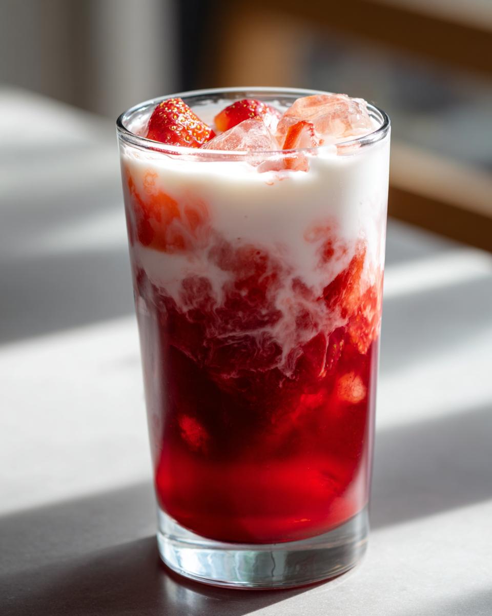 Close-up of a tall glass filled with layered strawberry milk, showing vibrant red syrup mixing with white milk and topped with fresh strawberries and ice.