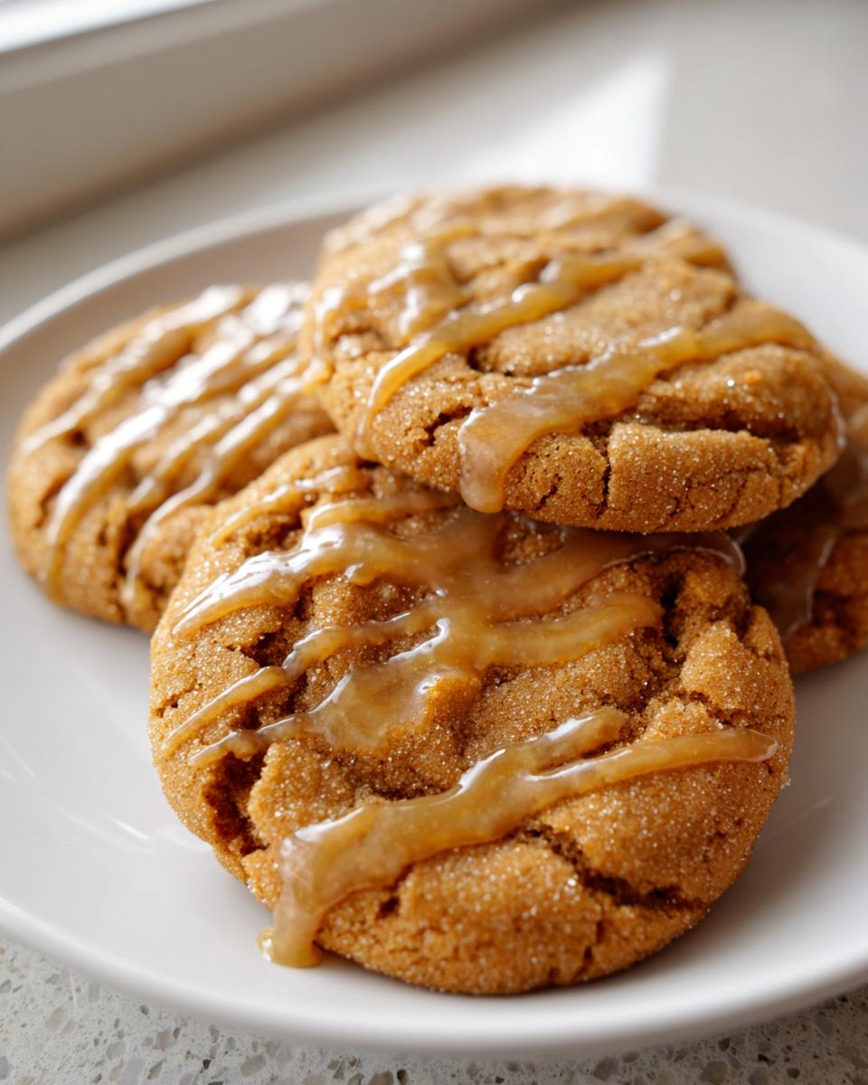 Close-up of soft maple brown sugar cookies coated in granulated sugar and drizzled with a thick maple glaze.