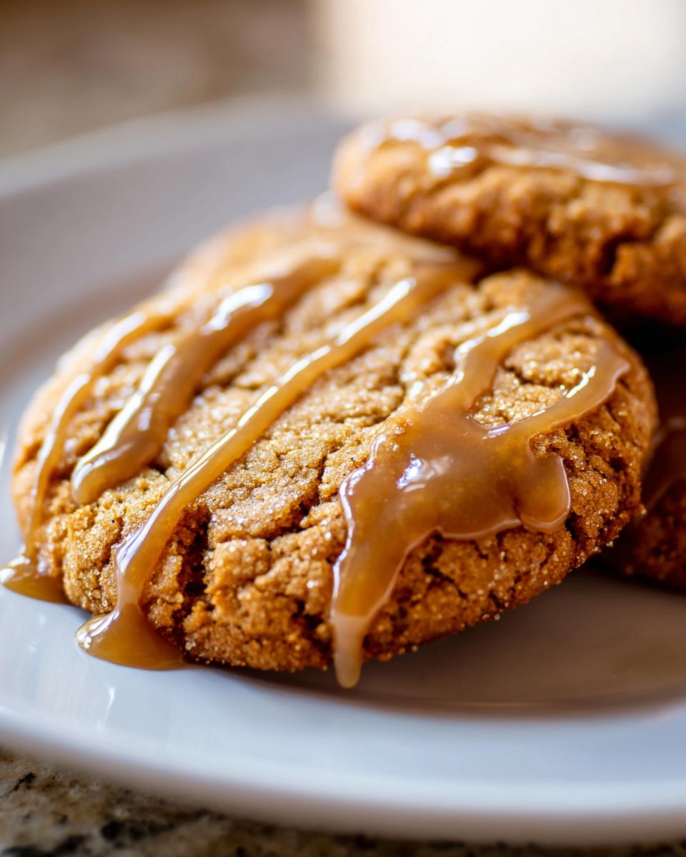 Close-up of soft maple brown sugar cookies drizzled heavily with a thick caramel glaze.