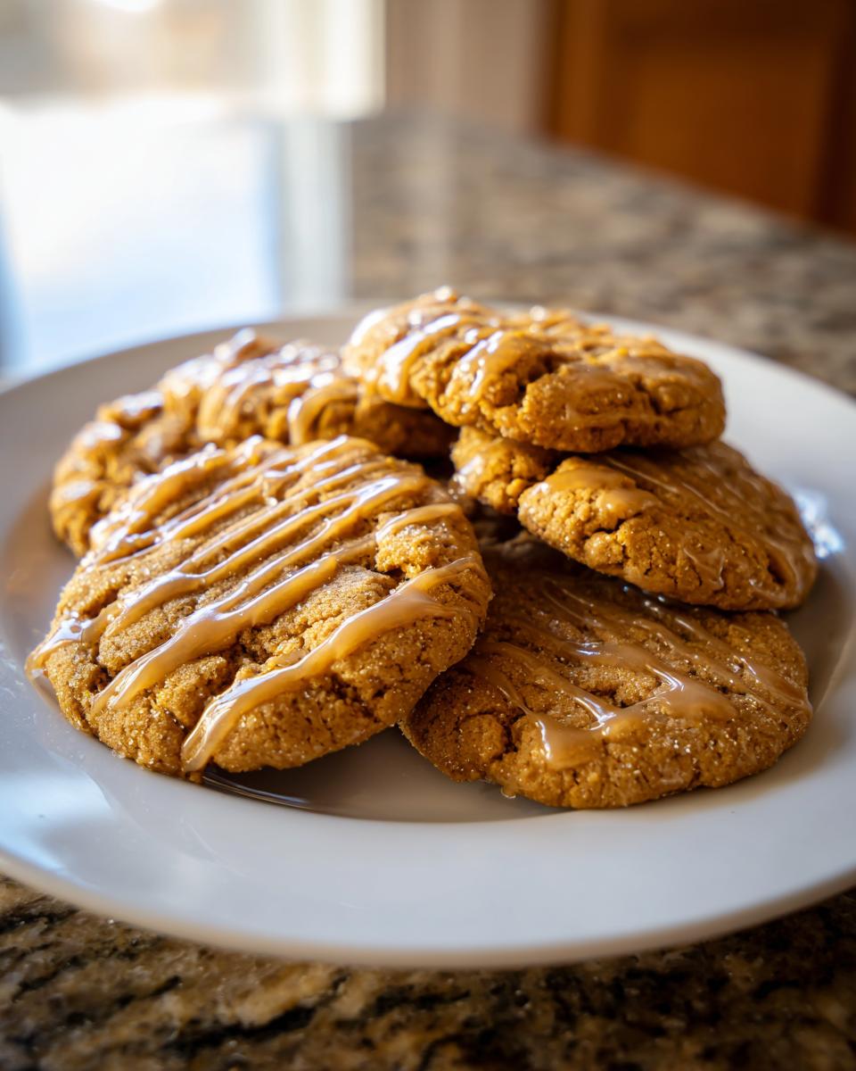 A stack of soft maple brown sugar cookies drizzled with a thick, shiny maple glaze on a white plate.
