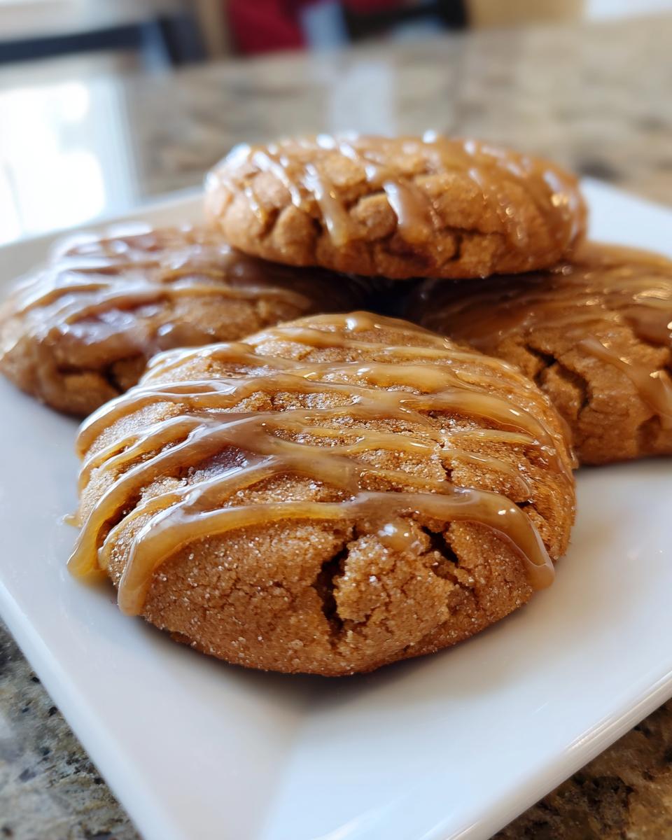 Close-up of soft maple brown sugar cookies stacked on a white plate, drizzled with a thick caramel glaze.