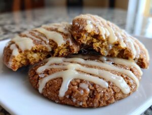 Two soft maple brown sugar cookies, one broken open to show the interior, drizzled with a light glaze.