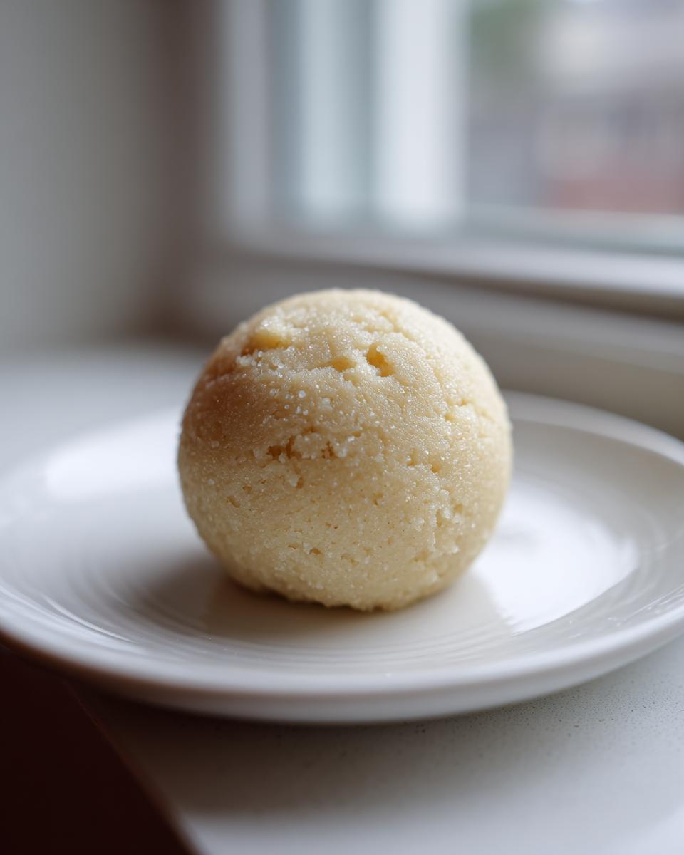 A smooth, pale yellow ball of homemade marzipan recipe dough resting on a small white plate near a window.