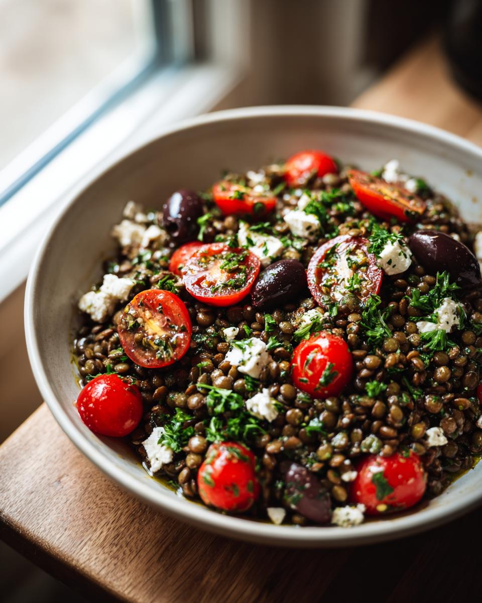 A close-up view of a vibrant lentil salad topped with halved cherry tomatoes, feta cheese, Kalamata olives, and fresh parsley.