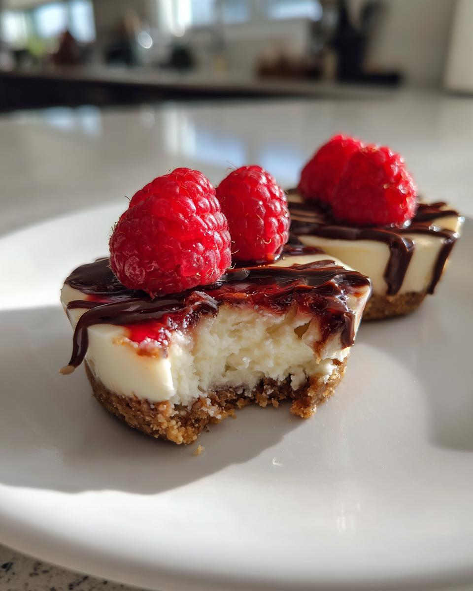 Close-up of a mini cheesecake bite with a bite taken out, topped with chocolate drizzle and fresh raspberries.