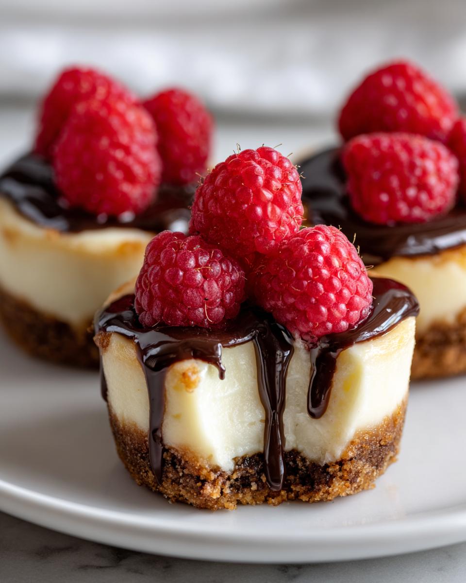 Close-up of a mini cheesecake bite with a bite taken out, topped with chocolate ganache and fresh raspberries.