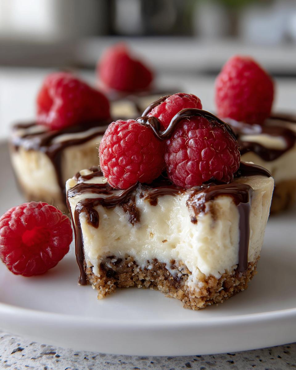 Close-up of a mini cheesecake bite with a bite taken out, topped with chocolate drizzle and fresh raspberries.