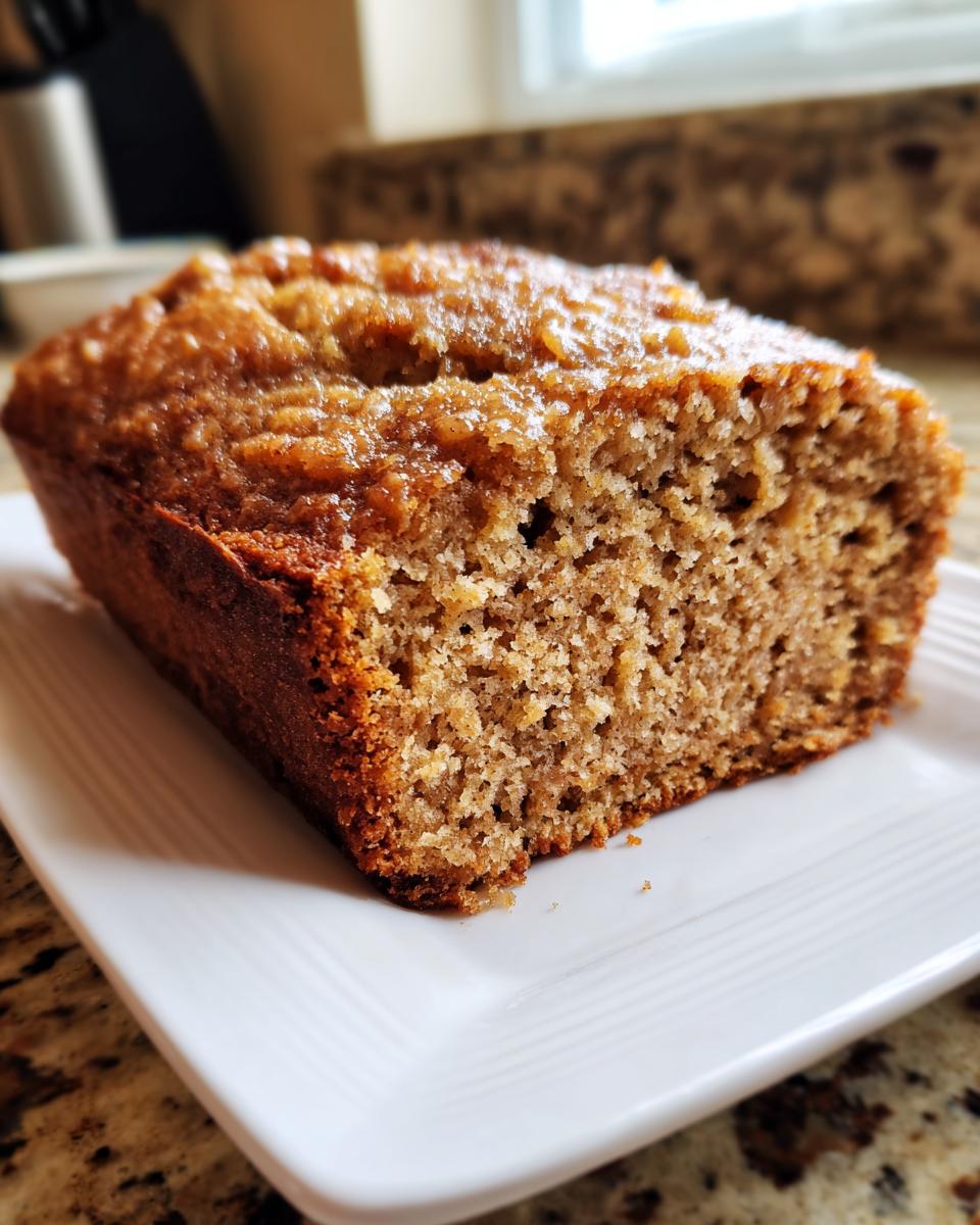 Close-up of a moist slice of applesauce cake showing its crumb texture, served on a white rectangular plate.