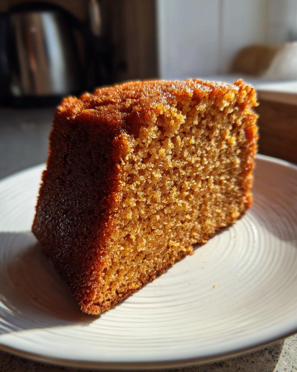 Close-up of a moist slice of applesauce cake showing its rich brown crumb texture, sitting on a white plate.