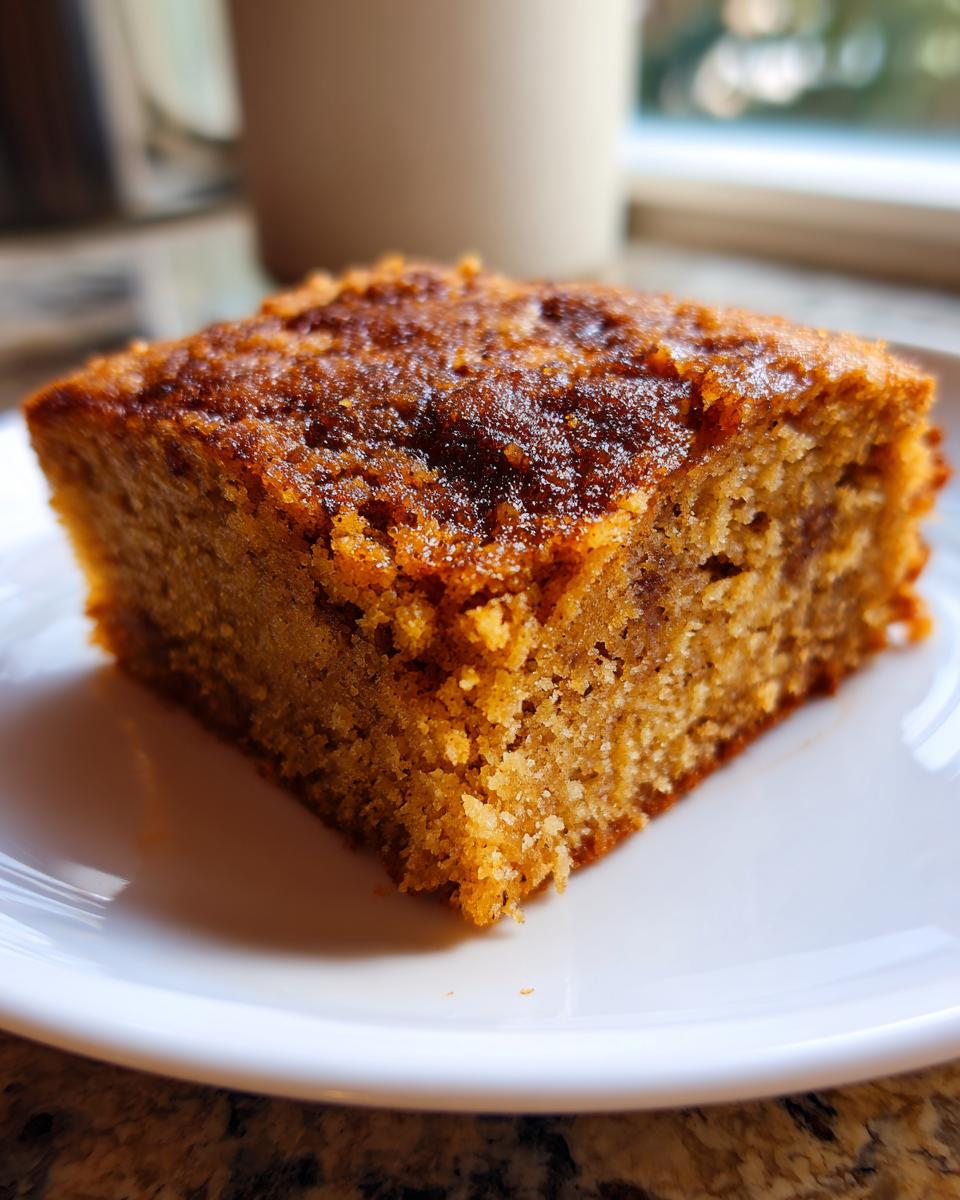 Close-up of a moist slice of applesauce cake with a dark, rich, slightly glazed top, served on a white plate.