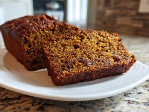 Close-up of a moist slice of dark brown applesauce cake next to the loaf on a white plate.