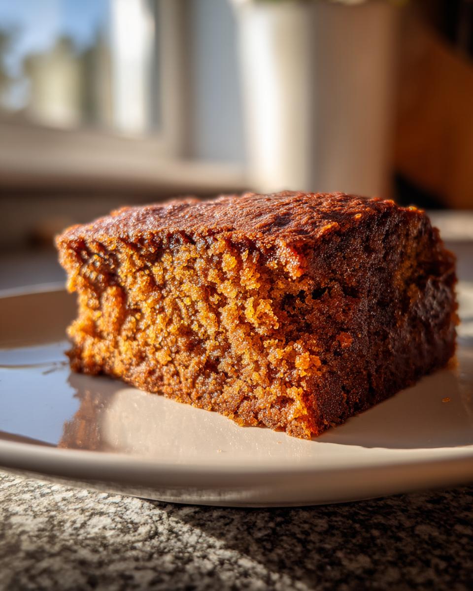 Close-up of a moist slice of dark brown applesauce cake sitting on a light plate, highlighted by sunlight.