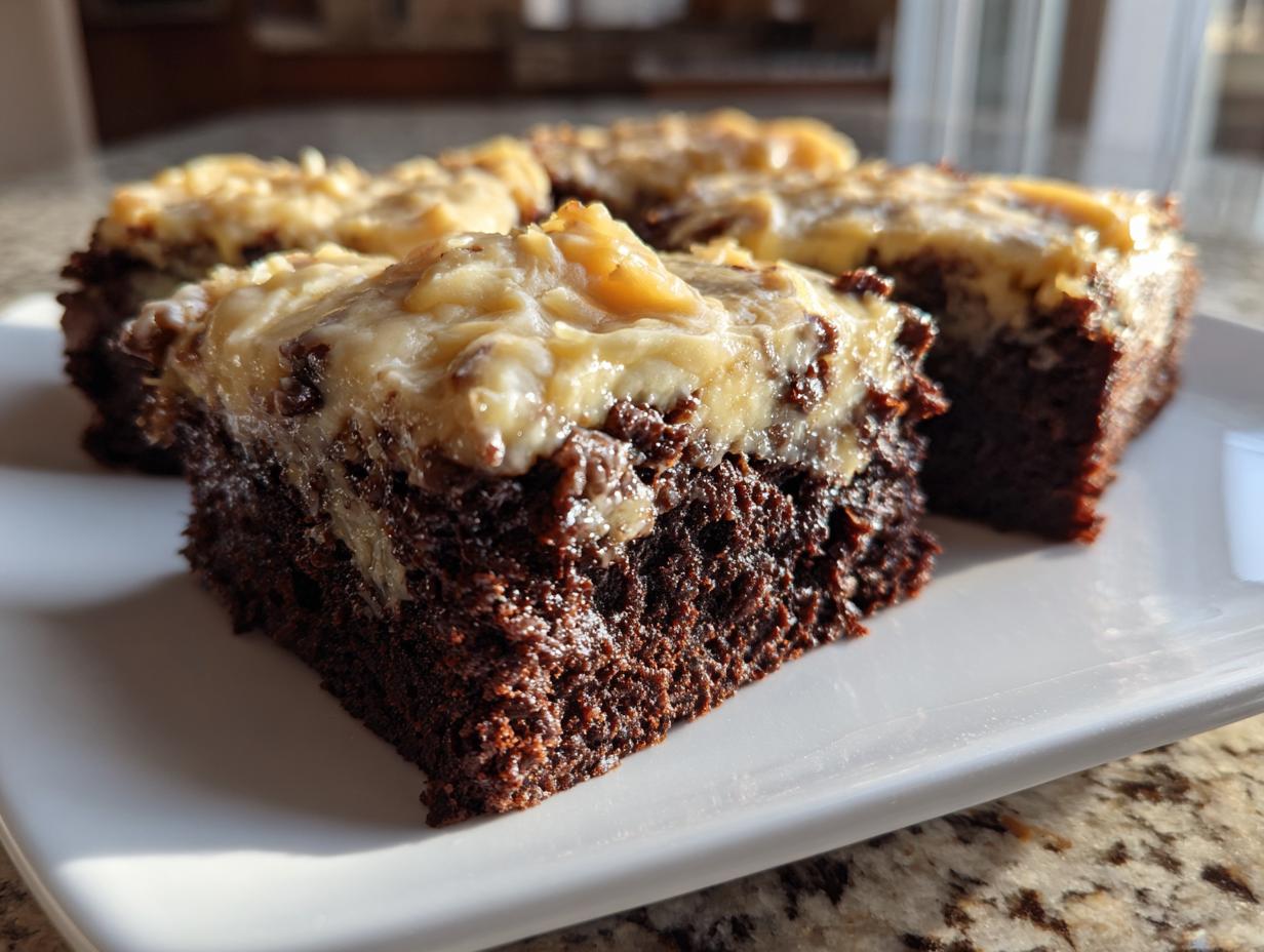 Close-up of rich, dark chocolate banana bread brownies topped with a thick, light-colored frosting.