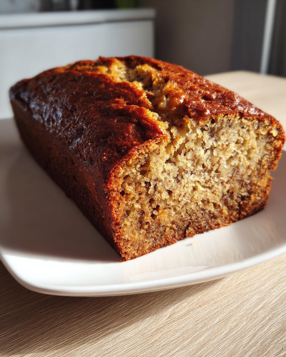 A freshly baked loaf of moist banana bread with a dark, cracked crust, resting on a white plate.