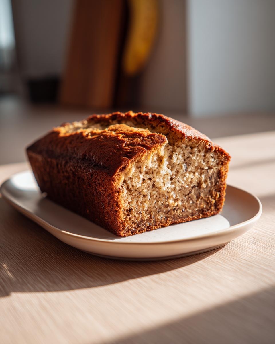 A freshly baked loaf of moist banana bread, sliced to show the texture, resting on a small plate.