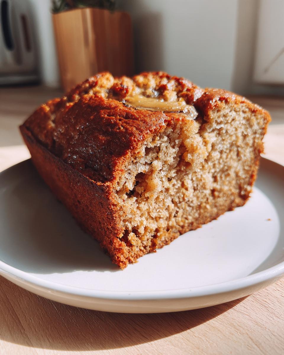 A thick slice of moist banana bread with a golden-brown crust, sitting on a white plate.