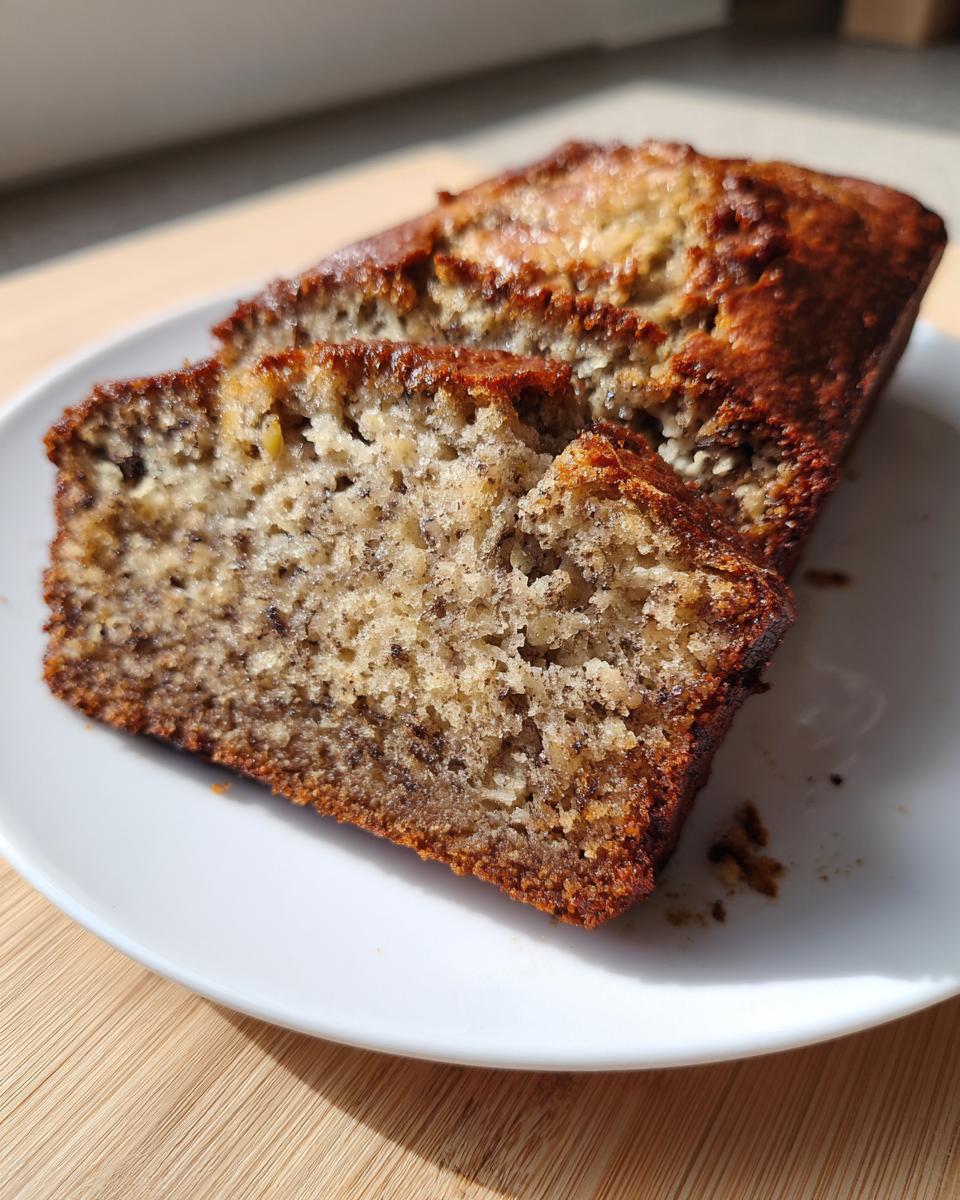 Two slices of moist banana bread showing the speckled interior texture, resting on a white plate.