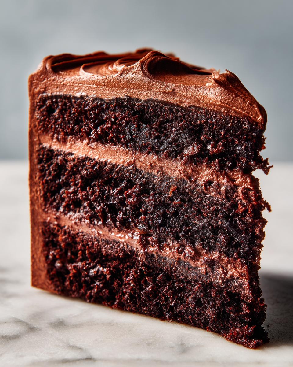 Close-up of a rich, dark slice from a chocolate cake recipe showing three layers of cake and frosting.