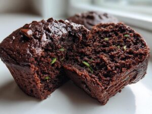 Close-up of a moist chocolate zucchini muffin cut in half showing the dark crumb and flecks of green zucchini.