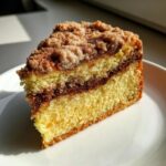 Close-up of a moist slice of coffee cake featuring yellow cake, a cinnamon swirl, and thick streusel topping.