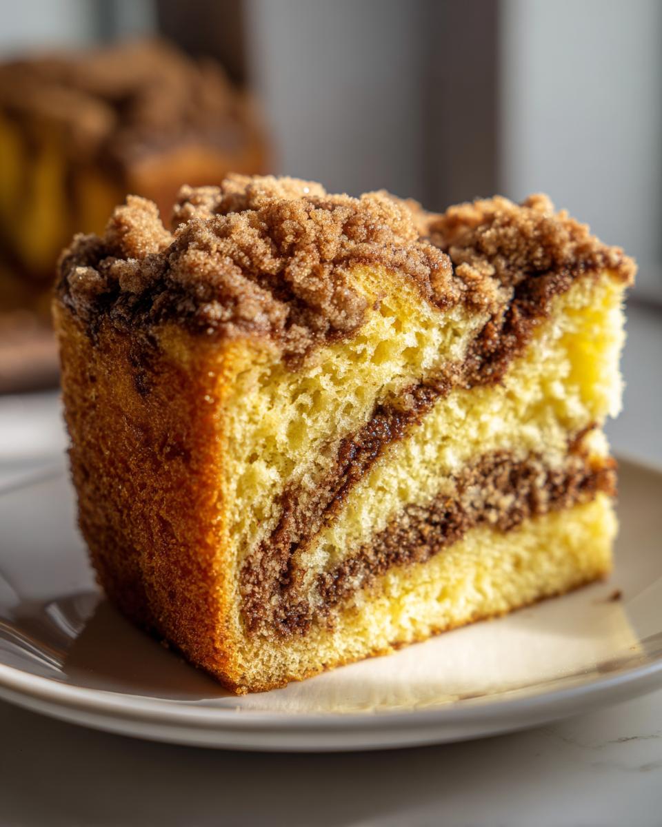 Close-up of a moist slice of coffee cake featuring a thick cinnamon swirl and crumbly streusel topping.