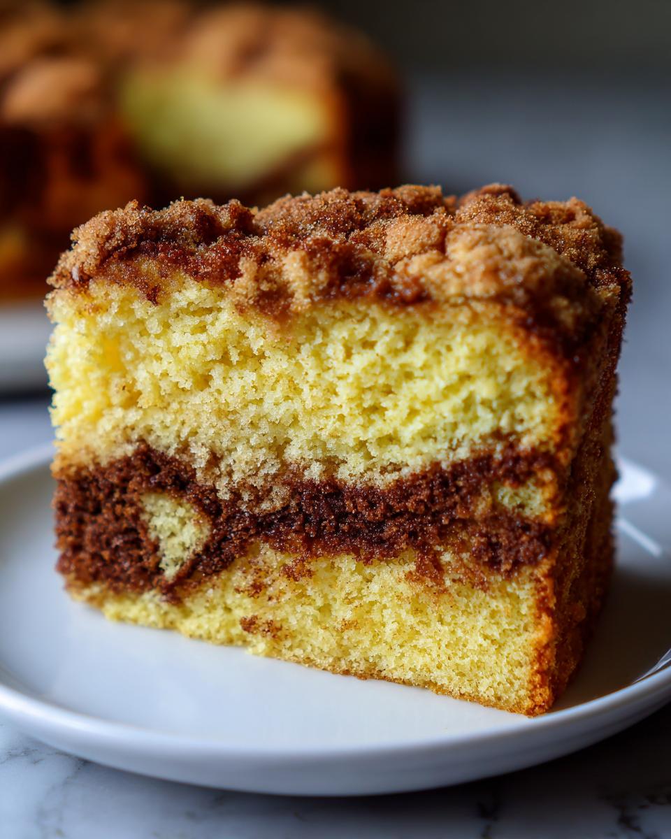 Close-up of a moist slice of coffee cake showing yellow cake, a chocolate swirl layer, and thick cinnamon streusel topping.