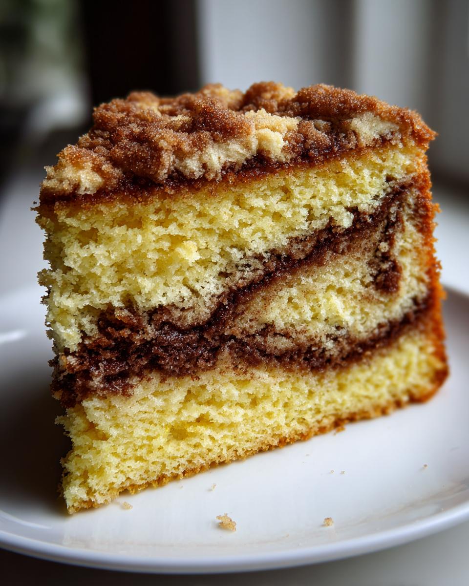 Close-up of a moist slice of coffee cake featuring yellow cake layers, a dark cinnamon swirl, and a thick, crumbly streusel topping.