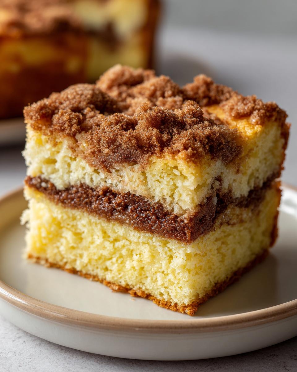 Close-up of a moist slice of coffee cake showing two layers of yellow cake separated by cinnamon filling and topped with thick streusel.