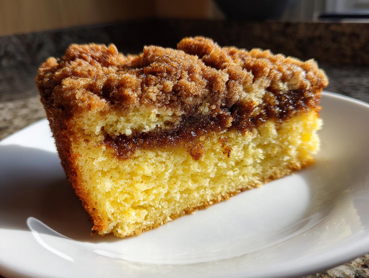 A close-up of a moist slice of coffee cake featuring a thick layer of cinnamon streusel on top.