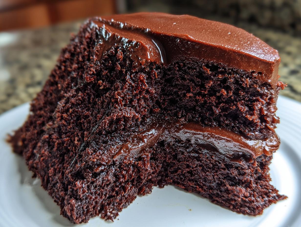 Close-up of a moist, dark slice of chocolate cake recipe with rich, glossy chocolate frosting.
