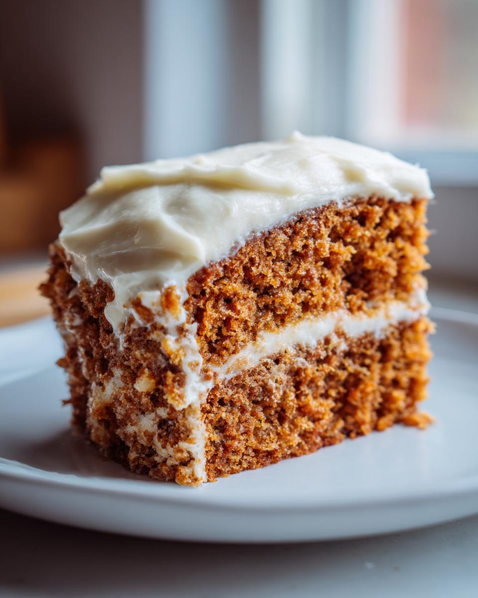 Close-up of a thick slice of moist, brown spice cake layered with cream cheese frosting.