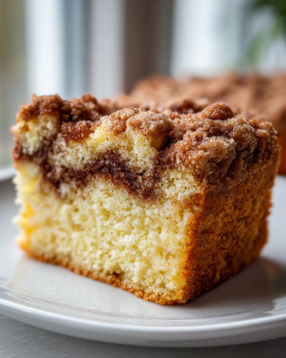 A close-up of a thick slice of moist sour cream coffee cake with a rich cinnamon swirl and crumb topping.