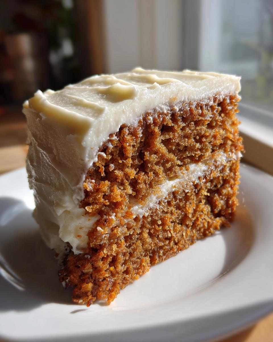 A close-up of a moist slice of spice cake layered with cream cheese frosting, catching bright sunlight.