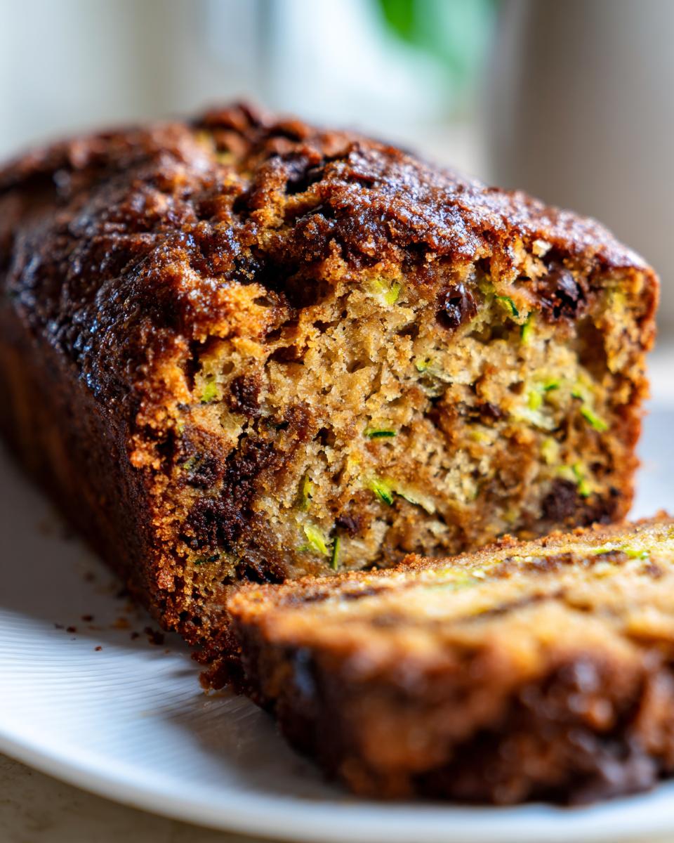 Close-up of moist zucchini banana bread loaf sliced, showing visible shreds of zucchini and chocolate chips.