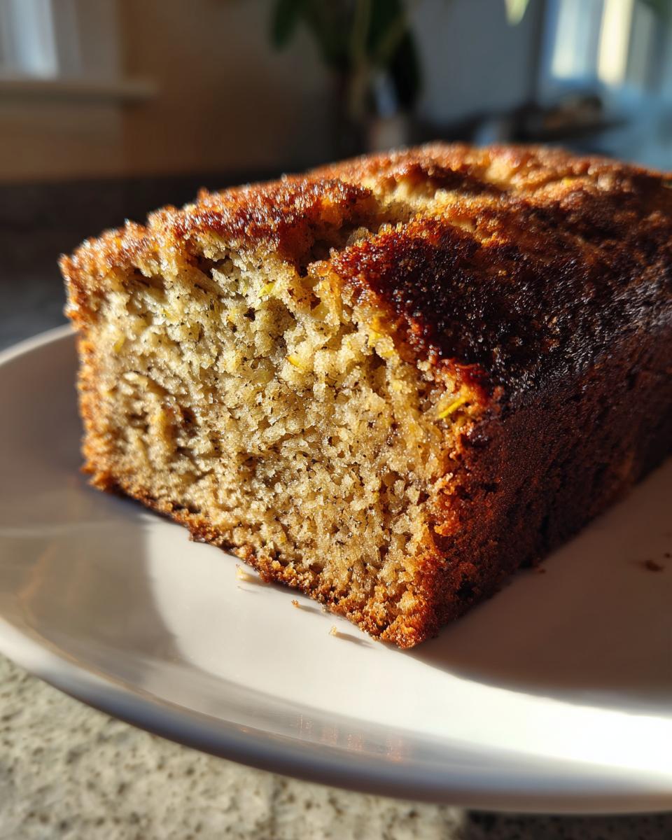 Close-up of a moist slice of zucchini banana bread with a dark, caramelized crust, sitting on a white plate.