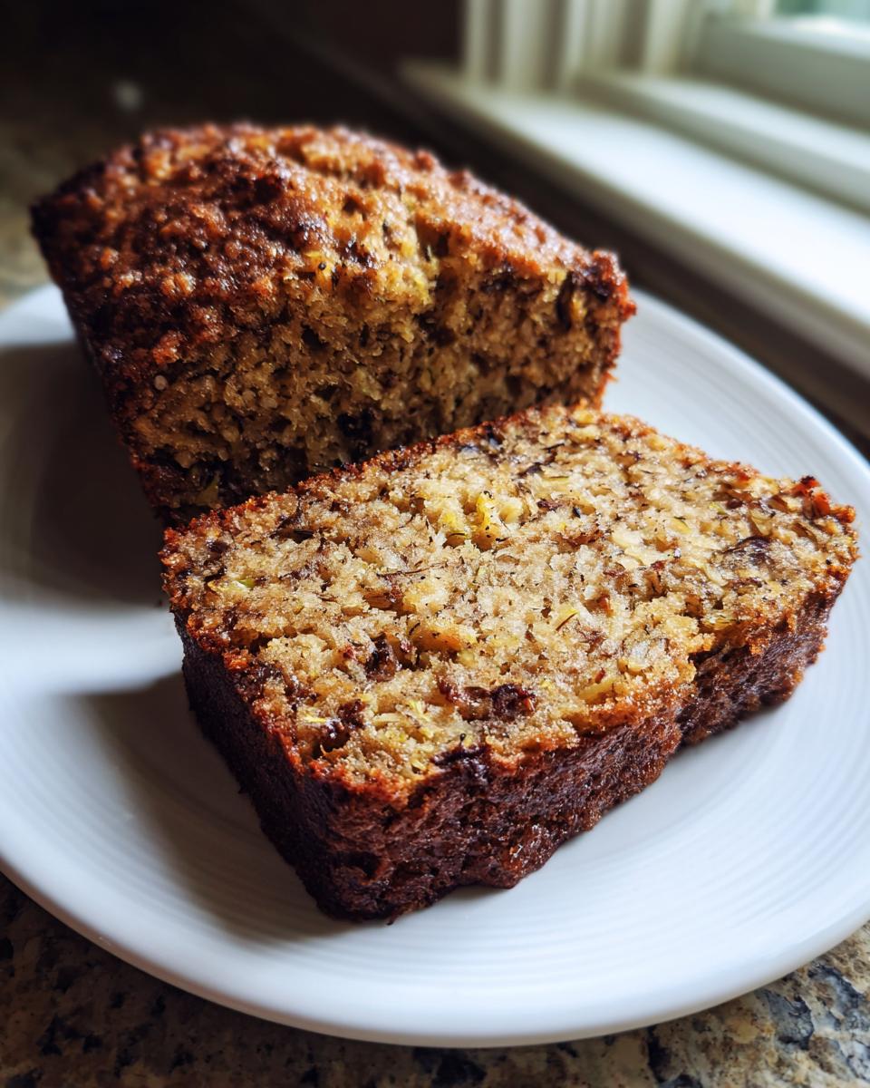 A thick slice of moist zucchini banana bread next to the rest of the loaf on a white plate.