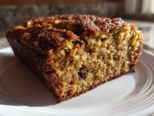 Close-up of a moist slice of zucchini banana bread showing texture, green zucchini pieces, and a dark, caramelized top.