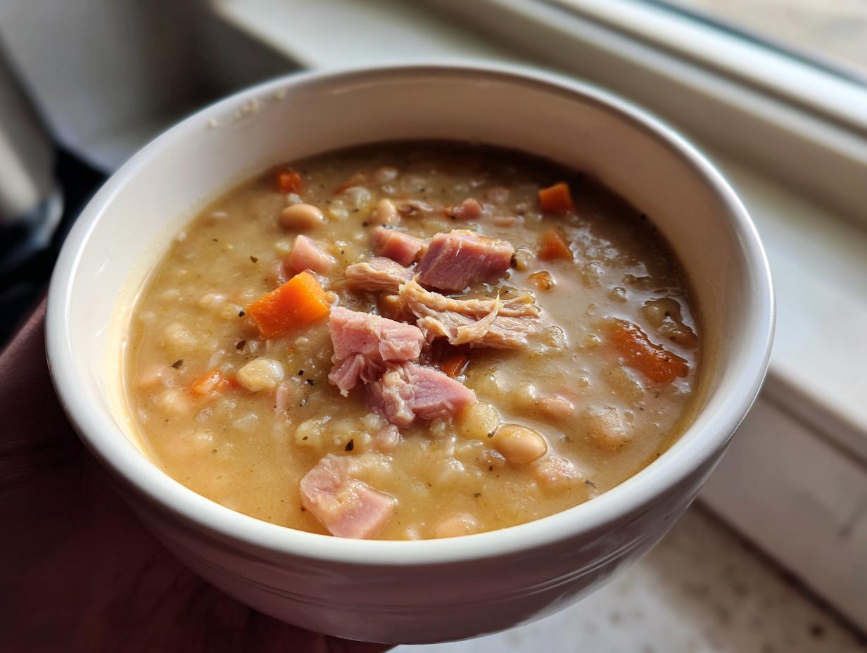 Close-up of a white bowl filled with thick navy bean soup, topped with diced ham and carrots.