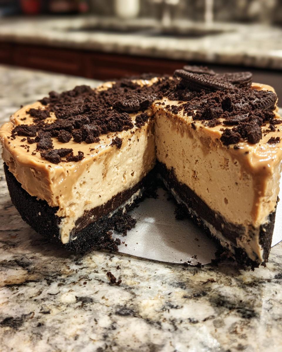 A slice removed from a no-bake peanut butter pie featuring a dark chocolate crust and crumbled topping.