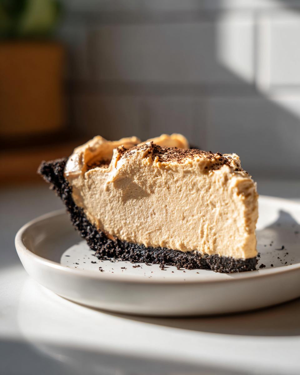 A thick slice of no bake peanut butter pie with a dark chocolate crust, served on a white plate.