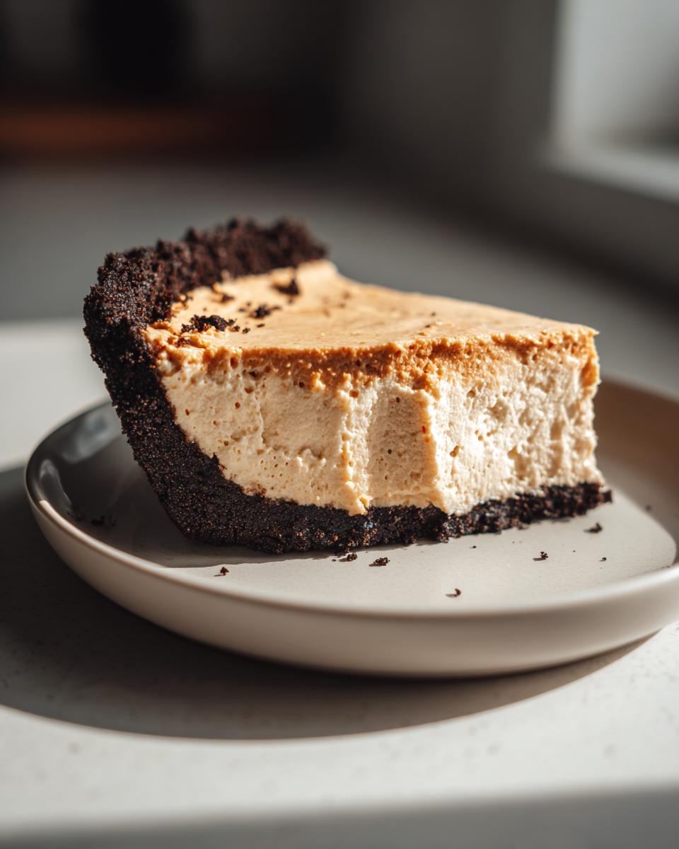 A thick slice of no bake peanut butter pie with a dark chocolate crust on a light plate.